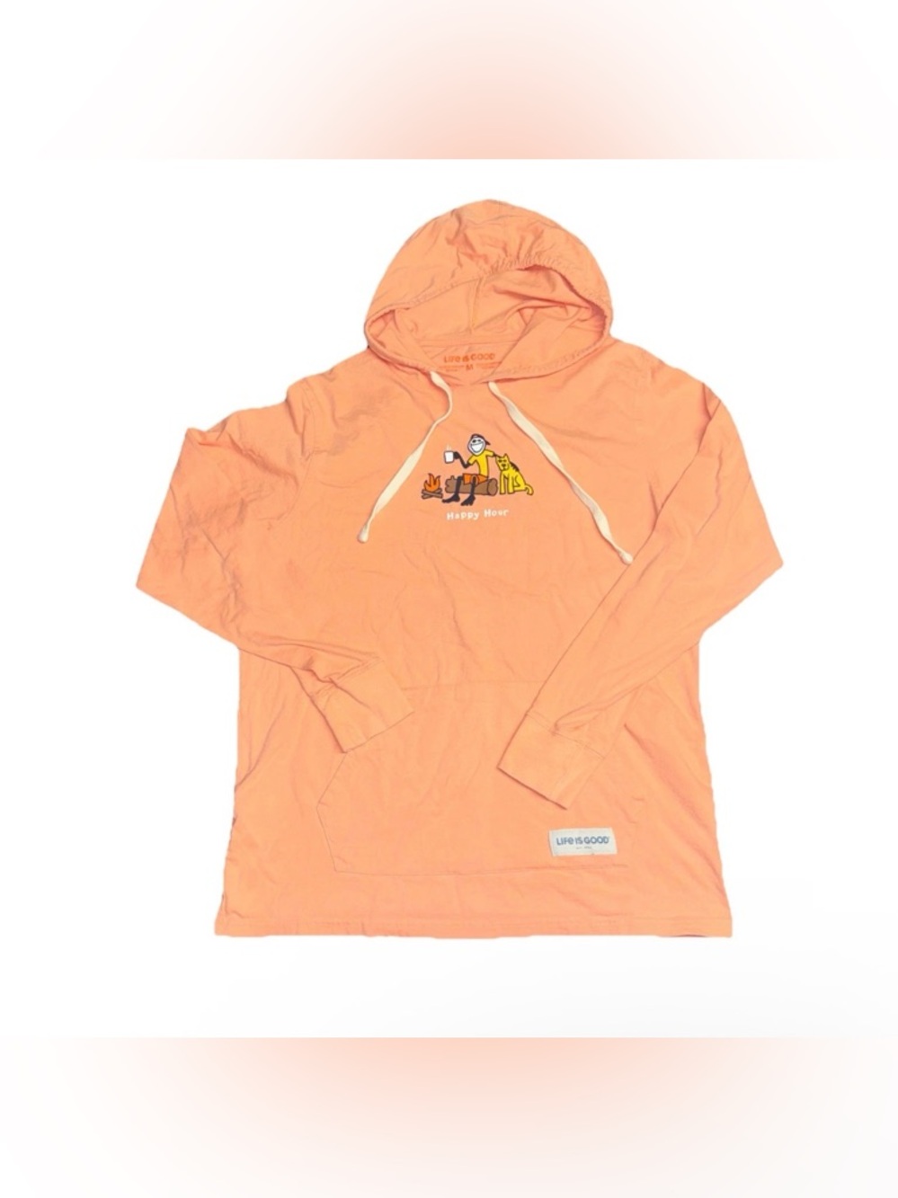 Life Is Good Orange Happy‎ Hour Hoodie Mens Medium M Coral Campfire Lightweight